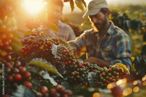 Happy farmers collecting Arabica coffee beans on the coffee tree.