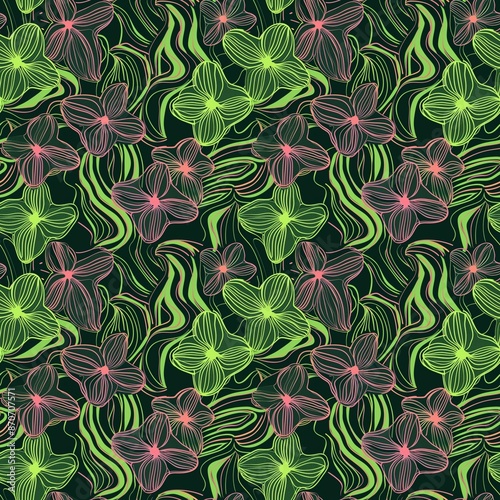 Seamless pattern with abstract neon multicolored flowers, wavy lines, ornament for fabric and printed products design