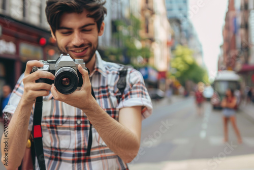 man using camera in street . ai generated © dark_blade