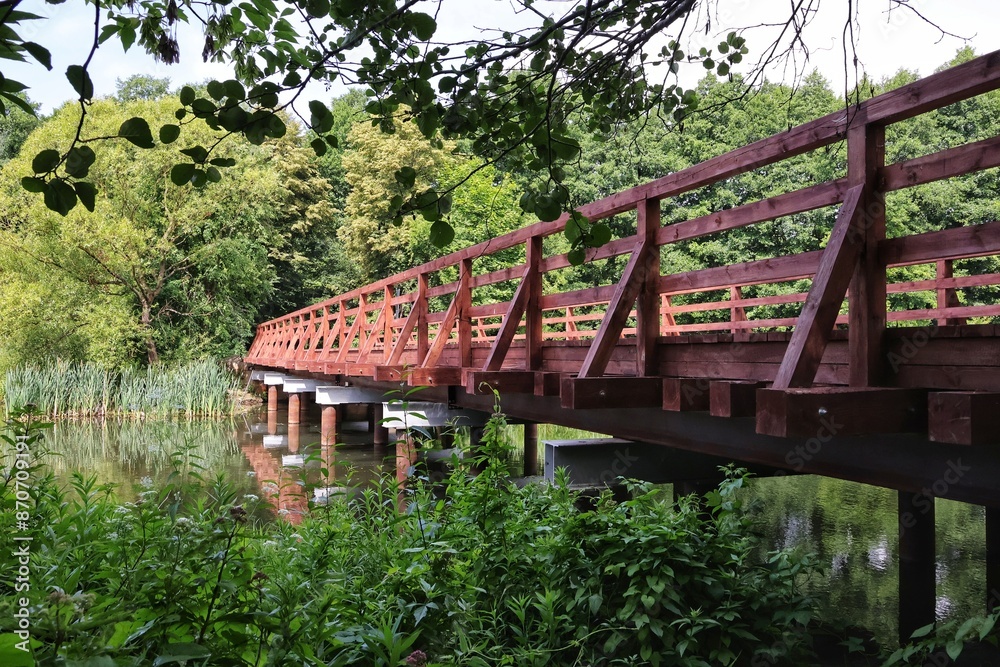 Φωτογραφία A steel and wooden bridge over the Skrwa River in the Brudzen Landscape Park in Cierszewo near Płock, Poland