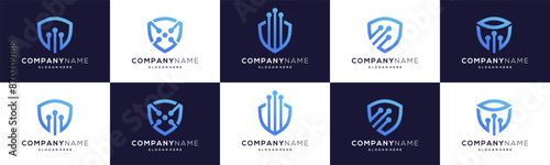collection of shield technology vector logo ideas. abstract design of cyber security or system  protection service icon symbol.