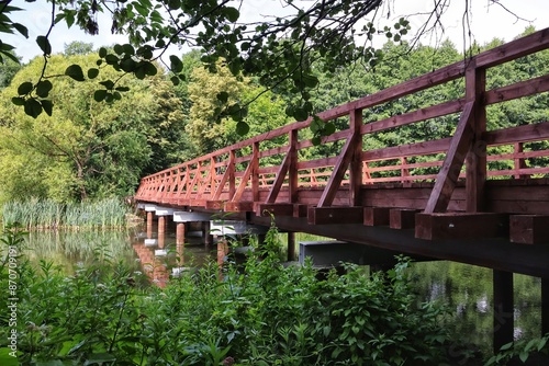 A steel and wooden bridge over the Skrwa River in the Brudzen Landscape Park in Cierszewo near Płock, Poland. © Grzegorz Sulkowski