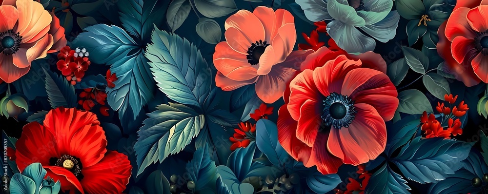 Red and Orange Flowers with Green Leaves Illustration Red and Orange Flowers with Green Leaves Illustration