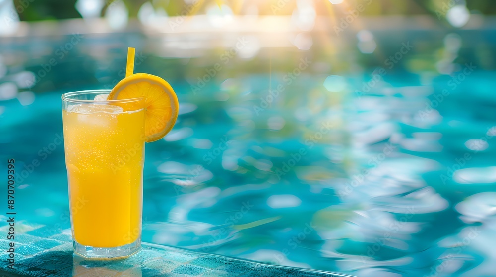 Yellow Drink by the Poolside. Luxury Vacation Background