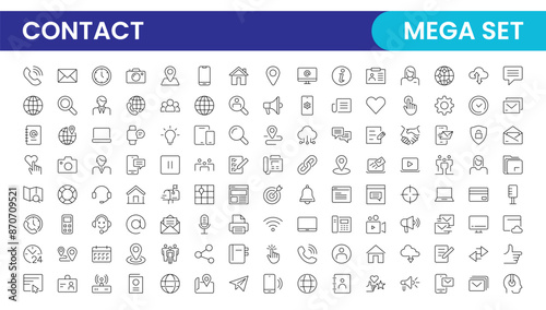 Contact Us linear icon set vector design. Contact and Communication Line Icons. Set of Social media icons, Facebook, Instagram, Twitter, YouTube, Whatsapp.Set of Icons for social networking.