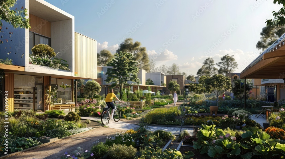 Fototapeta premium A suburban eco-village with passive solar homes, communal gardens, and residents cycling on shared paths.