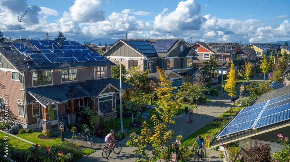 A suburban neighborhood with eco-friendly houses, solar panels, and residents cycling on dedicated bike paths. A suburban neighborhood with eco-friendly houses, solar panels, and residents cycling on dedicated bike paths.