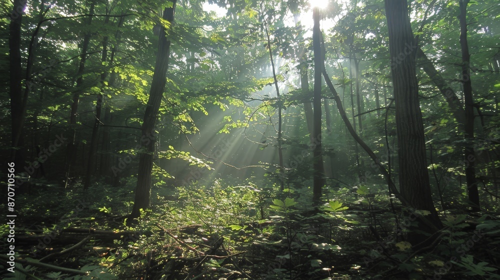 Obraz premium Sunbeams filter through the leaves, dappling the forest floor in a mesmerizing dance of light.