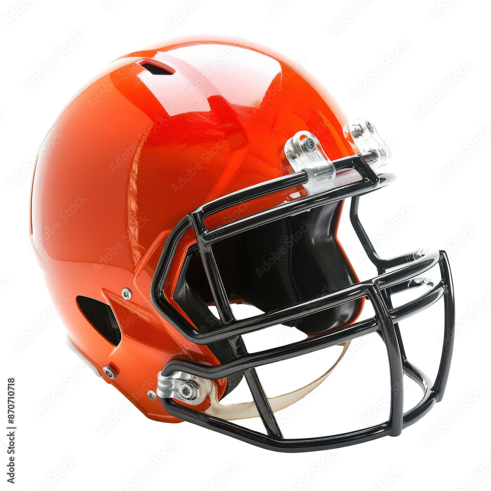 Fototapeta premium Orange football helmet with black faceguard isolated on white background, suitable for sports and safety-themed projects.