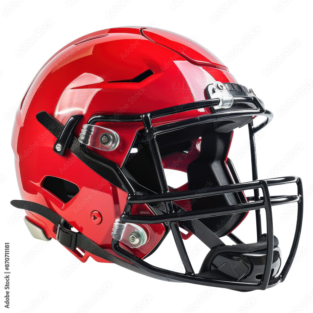 Fototapeta premium Red American football helmet with faceguard, modern design, studio shot. High-quality sports equipment, isolated on white background.