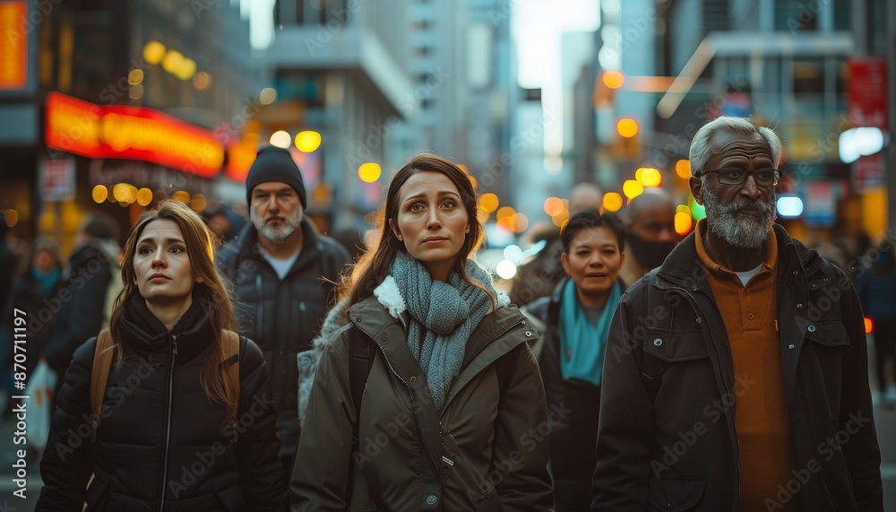 A diverse group of people walking through a busy city street ...
