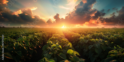 Landscape of a large soybean plantation at dawn, under a sky full of intense clouds