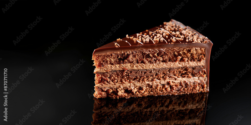 A piece of chocolate cake on a glossy black surface. Copy space. A piece of chocolate cake on a glossy black surface. Copy space.