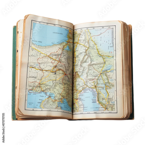 Vintage open book with old world map, exploring geography, history, and travel routes, perfect for educational and historical contexts.