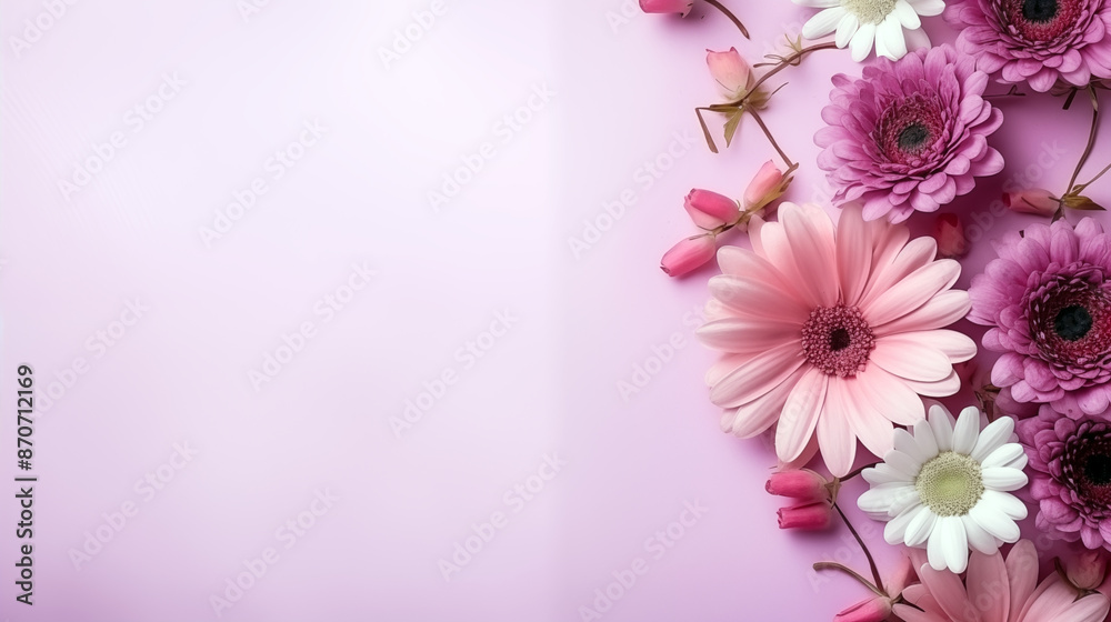 A pink and white flower arrangement with a purple background A pink and white flower arrangement with a purple background