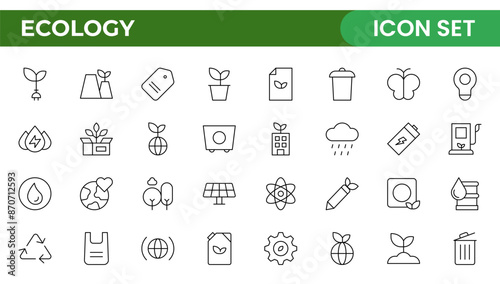 Ecology icon set. Environment, sustainability, nature, recycle, renewable energy; electric bike, eco-friendly, forest, wind power, green symbol. Solid icons vector collection.