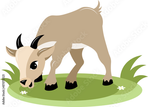 Farm Animals. Young gray goat eats green grass on a white background. Baby flat vector illustration.