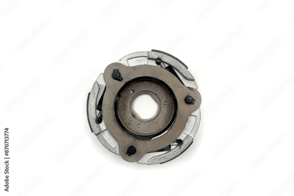 centrifugal clutch set of motorcycle or scooter on white background .Motorcycle automatic clutch uses centrifugal force with the driving shaft nested inside the driven shaft. centrifugal clutch set of motorcycle or scooter on white background .Motorcycle automatic clutch uses centrifugal force with the driving shaft nested inside the driven shaft.