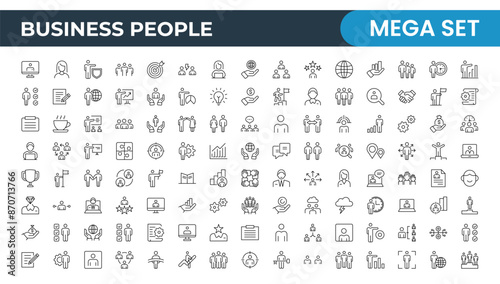 Business Outline Icon Set Collection. Business Management linear vector icon designs for web, media, and app interfaces. Business or organization management icon set. Solid icons vector collection.