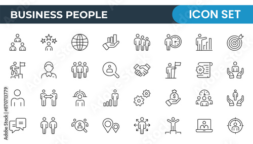 Business Outline Icon Set Collection. Business Management linear vector icon designs for web, media, and app interfaces. Business or organization management icon set. Solid icons vector collection.