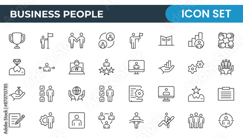 Business Outline Icon Set Collection. Business Management linear vector icon designs for web, media, and app interfaces. Business or organization management icon set. Solid icons vector collection.