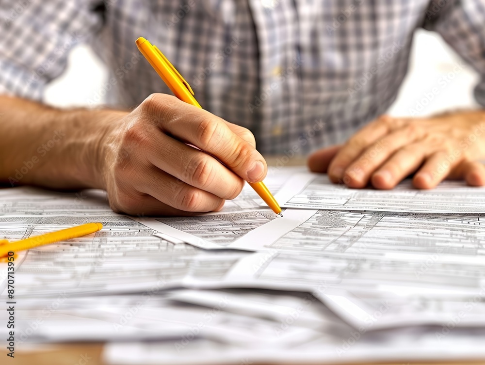 Fototapeta premium Accountant preparing tax returns during tax season, with tax forms and reference books on the desk, showcasing seasonal workload and expertise
