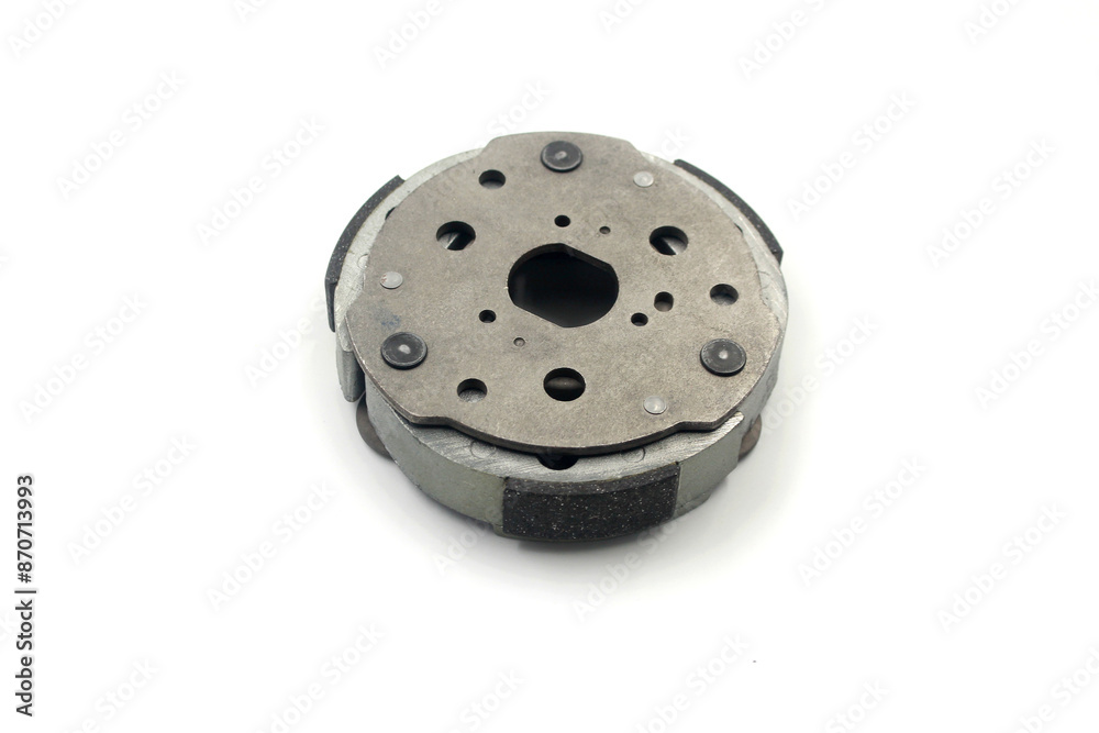 centrifugal clutch set of motorcycle or scooter on white background .Motorcycle automatic clutch uses centrifugal force with the driving shaft nested inside the driven shaft. centrifugal clutch set of motorcycle or scooter on white background .Motorcycle automatic clutch uses centrifugal force with the driving shaft nested inside the driven shaft.