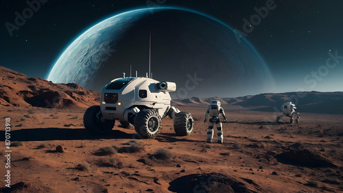 exploration of outer space with a vector scene featuring AI-driven robots on extraterrestrial missions. rovers and drones exploring alien landscapes