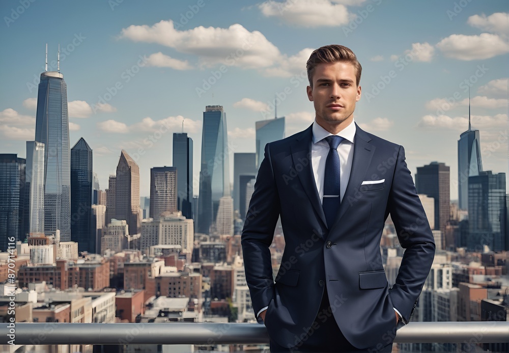 Professional Man in Suit, Standing Overlooking Metropolitan Skyline Professional Man in Suit, Standing Overlooking Metropolitan Skyline