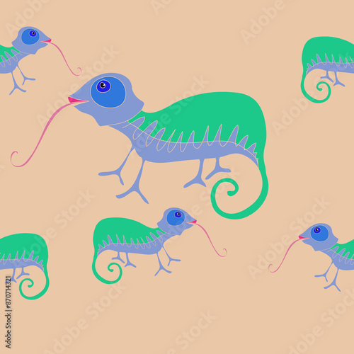 Horizontal doodle  colored chameleons. Hand drawn.