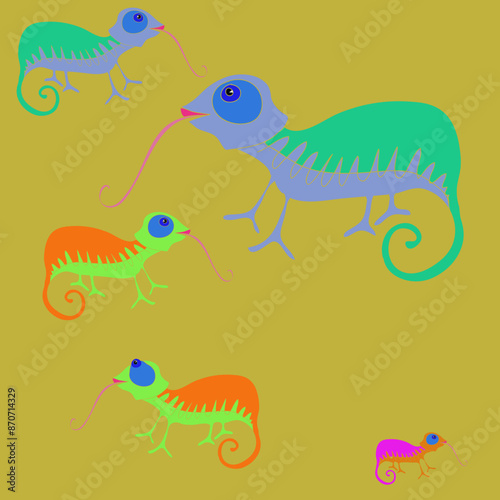 Cartoon colored chameleons. Hand drawn.