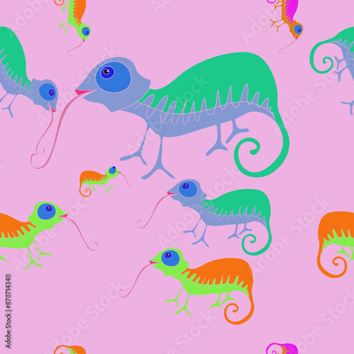 Seamless composition colored chameleons. Hand drawn.