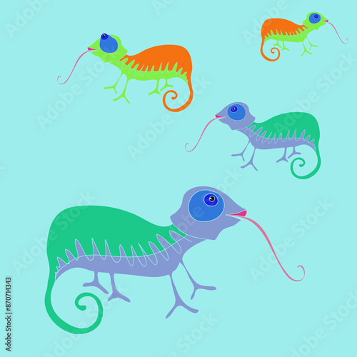 Ornament  colored chameleons. Hand drawn.