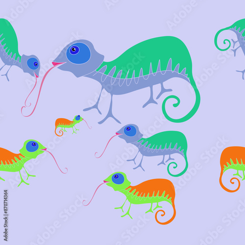 Horizontal arrangement  colored chameleons. Hand drawn.
