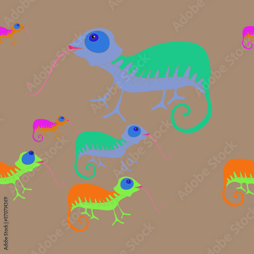 Horizontal pattern  colored chameleons. Hand drawn.