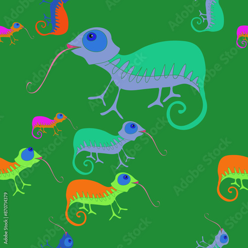 Seamless doodle  colored chameleons. Hand drawn.