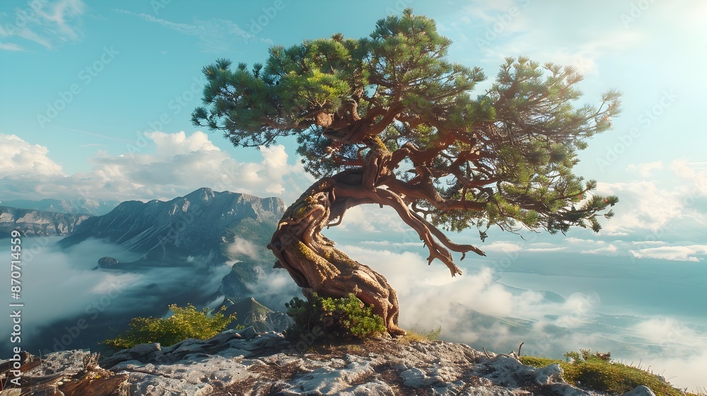Fototapeta premium Gnarled Ancient Pine Tree Atop Misty Mountain Lake Landscape