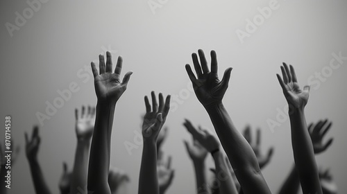 Many hands raised up high together, black and white banner