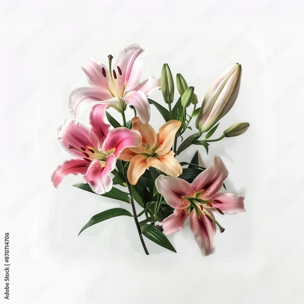 Pink and White Lily Bouquet with Green Leaves