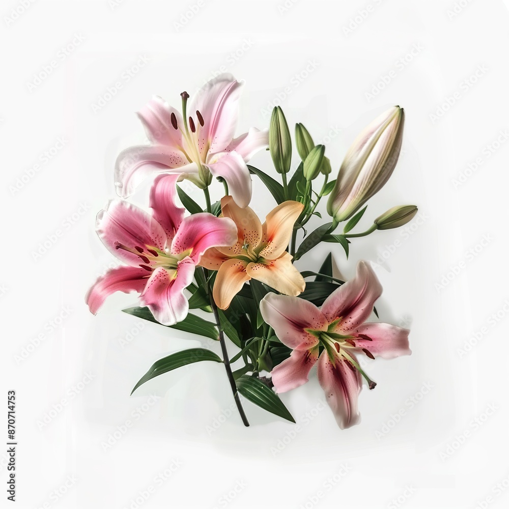 Pink and White Lily Bouquet with Green Leaves Pink and White Lily Bouquet with Green Leaves