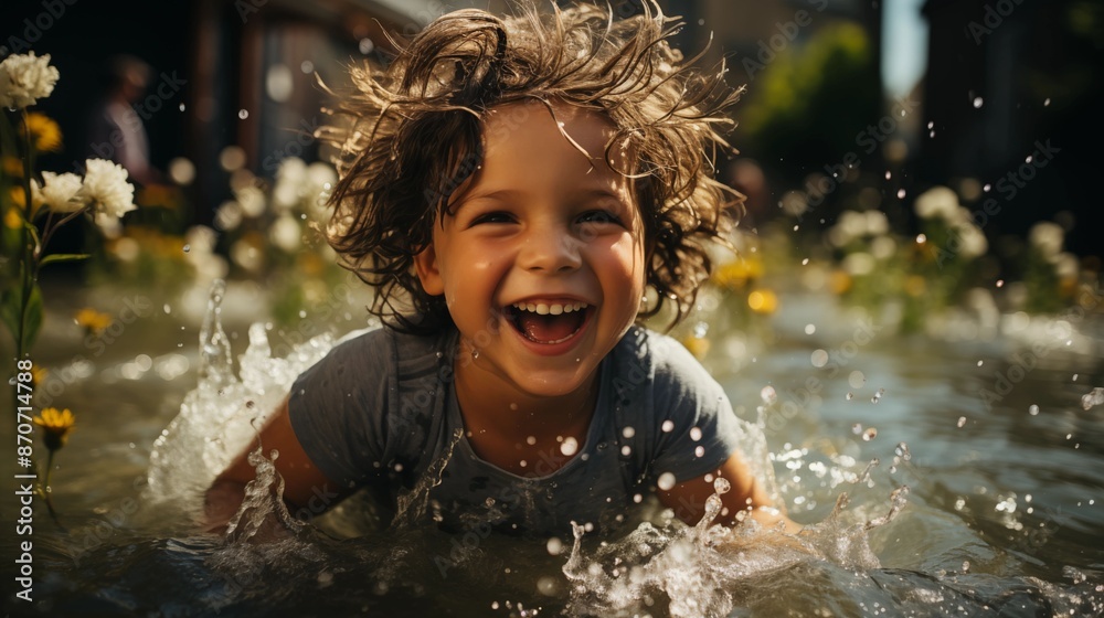 Happy kid is having fun splashing in water outdoors Happy kid is having fun splashing in water outdoors