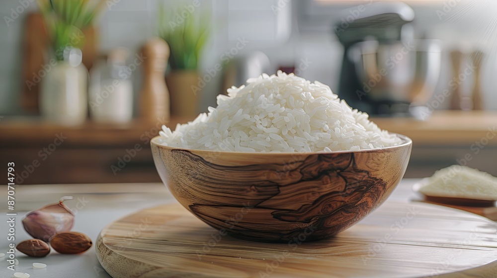 Rice in a wooden bowl with some neat and simple kitchen ornaments giving an elegant and attractive impression. food and beverage concept. rice is a symbol of prosperity. Rice in a wooden bowl with some neat and simple kitchen ornaments giving an elegant and attractive impression. food and beverage concept. rice is a symbol of prosperity.