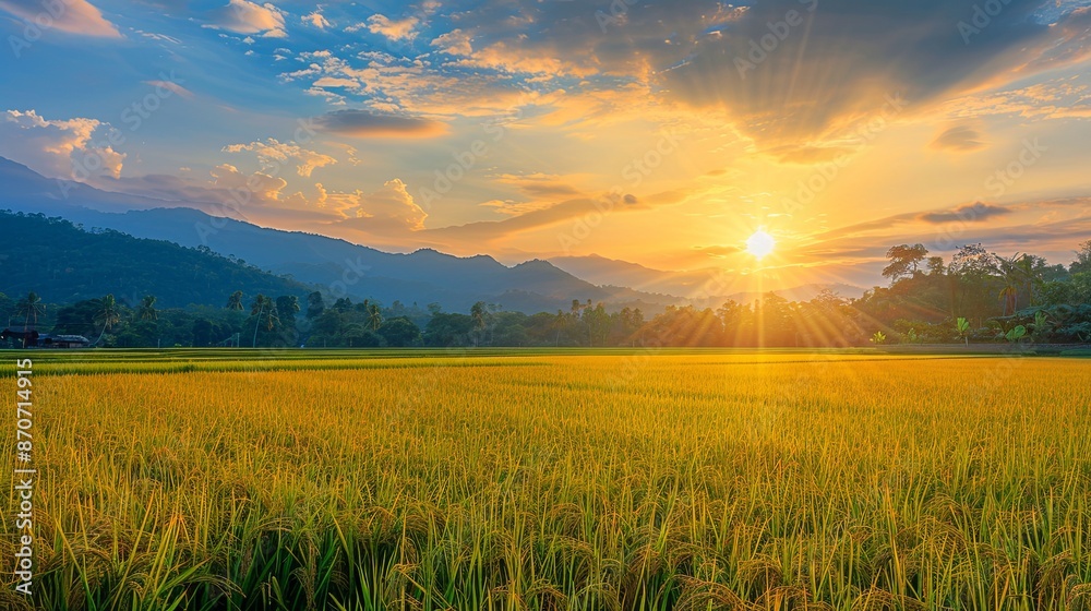 Scenery of golden rice fields Soft focus of rice field landscape with sunset. Located Pa Bong Piang coordinates, Chiang Mai Scenery of golden rice fields Soft focus of rice field landscape with sunset. Located Pa Bong Piang coordinates, Chiang Mai