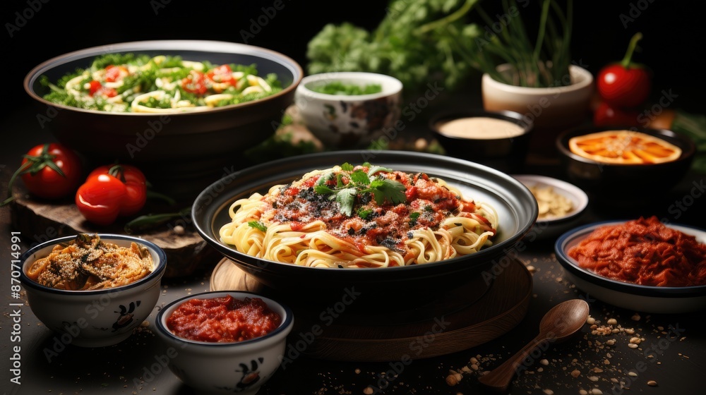 a table with several bowls of food including pasta and vegetables. a table with several bowls of food including pasta and vegetables.