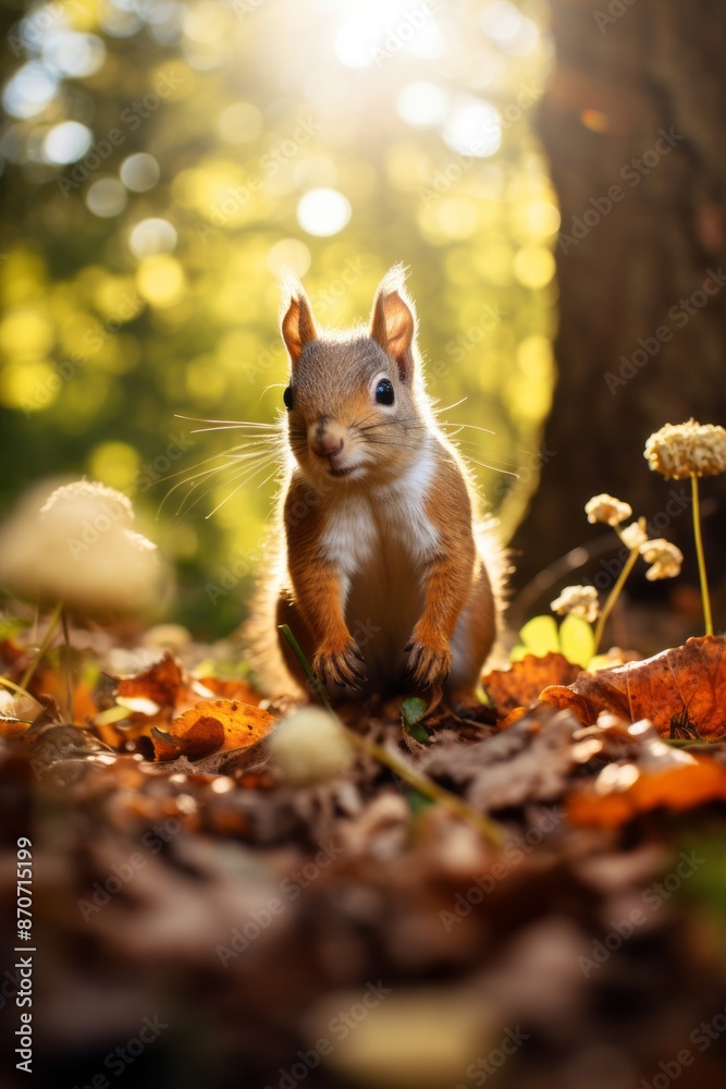 A playful squirrel gathering acorns in a sun-dappled woodland scene on an earthy brown background to the right of center and glancing towards the center with curiosity A playful squirrel gathering acorns in a sun-dappled woodland scene on an earthy brown background to the right of center and glancing towards the center with curiosity