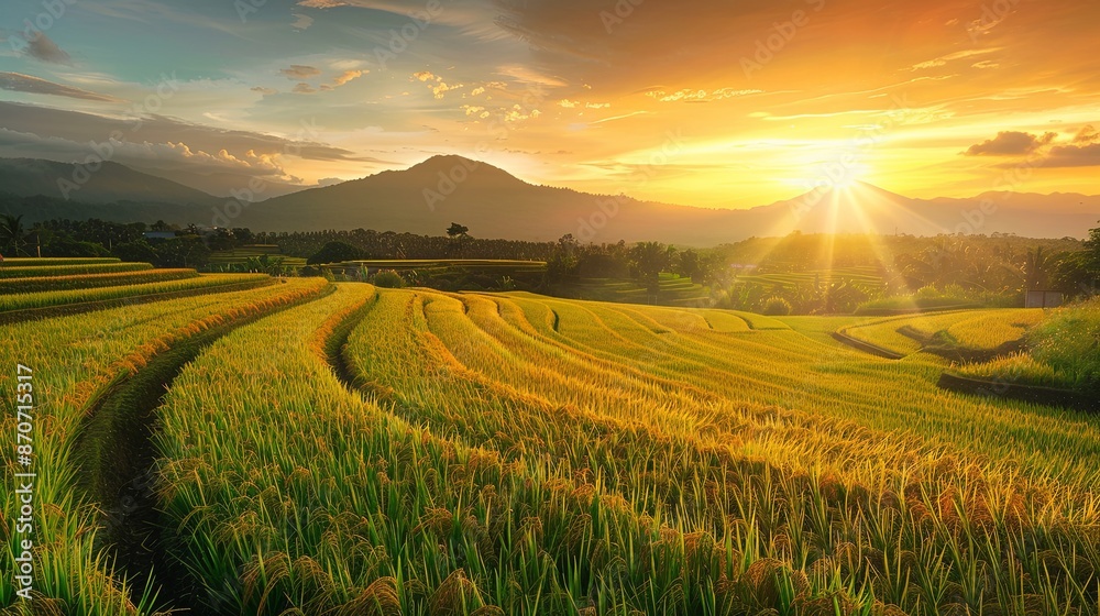 Fototapeta premium View of the rice fields after harvest during sunset. Farm, Agriculture concept.