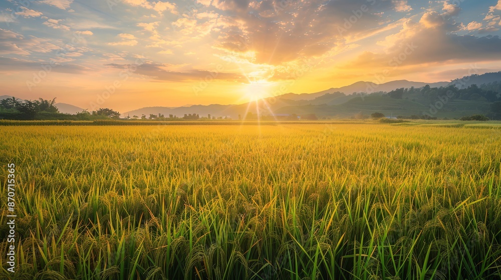 View of the rice fields after harvest during sunset. Farm, Agriculture concept. View of the rice fields after harvest during sunset. Farm, Agriculture concept.