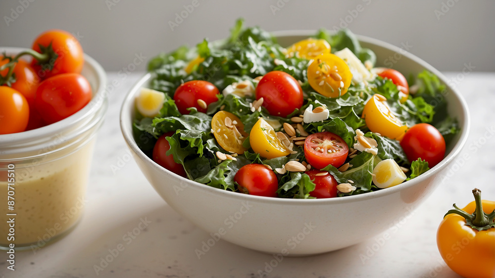 vitamin-packed salad in a large bowl. Include ingredients such as kale, cherry tomatoes, bell peppers, carrots, and sunflower seeds, topped with a drizzle of lemon vinaigrette vitamin-packed salad in a large bowl. Include ingredients such as kale, cherry tomatoes, bell peppers, carrots, and sunflower seeds, topped with a drizzle of lemon vinaigrette