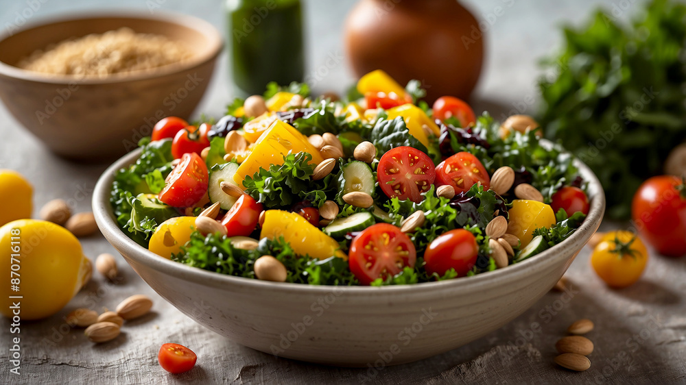 vitamin-packed salad in a large bowl. Include ingredients such as kale, cherry tomatoes, bell peppers, carrots, and sunflower seeds, topped with a drizzle of lemon vinaigrette vitamin-packed salad in a large bowl. Include ingredients such as kale, cherry tomatoes, bell peppers, carrots, and sunflower seeds, topped with a drizzle of lemon vinaigrette