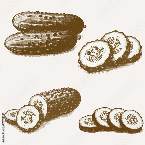 cucumber set  sketch style drawing vintage engraving style